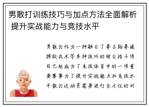 男散打训练技巧与加点方法全面解析 提升实战能力与竞技水平