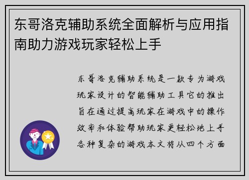 东哥洛克辅助系统全面解析与应用指南助力游戏玩家轻松上手